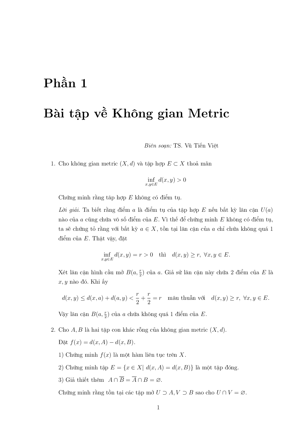 TOP 50 bài tập KHÔNG GIAN METRIC (có đáp án) | Trường Đại học Khoa học Tự nhiên, ĐHQG TP HCM (trang 1)