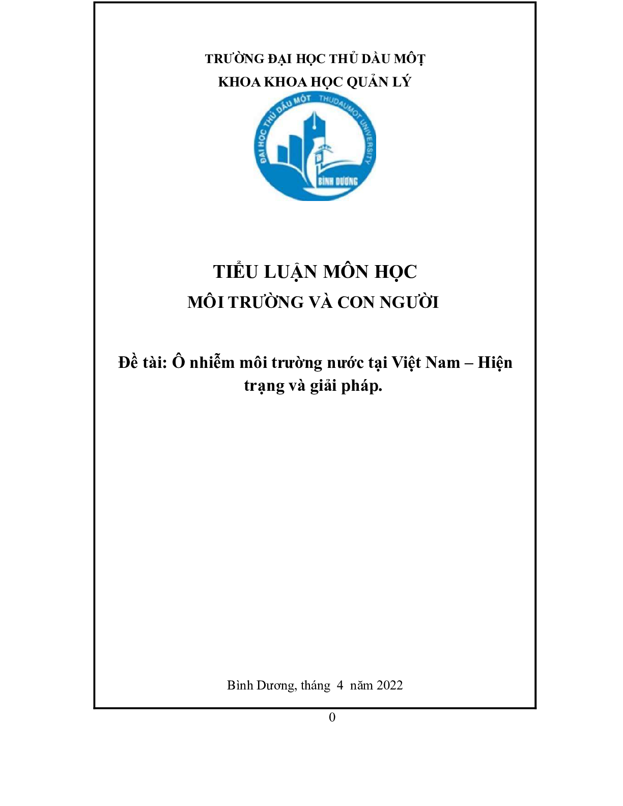 Ô nhiễm môi trường nước tại Việt Nam | Tiểu luận môn Môi trường và con người | Trường Đại học Thủ Dầu Một (trang 1)