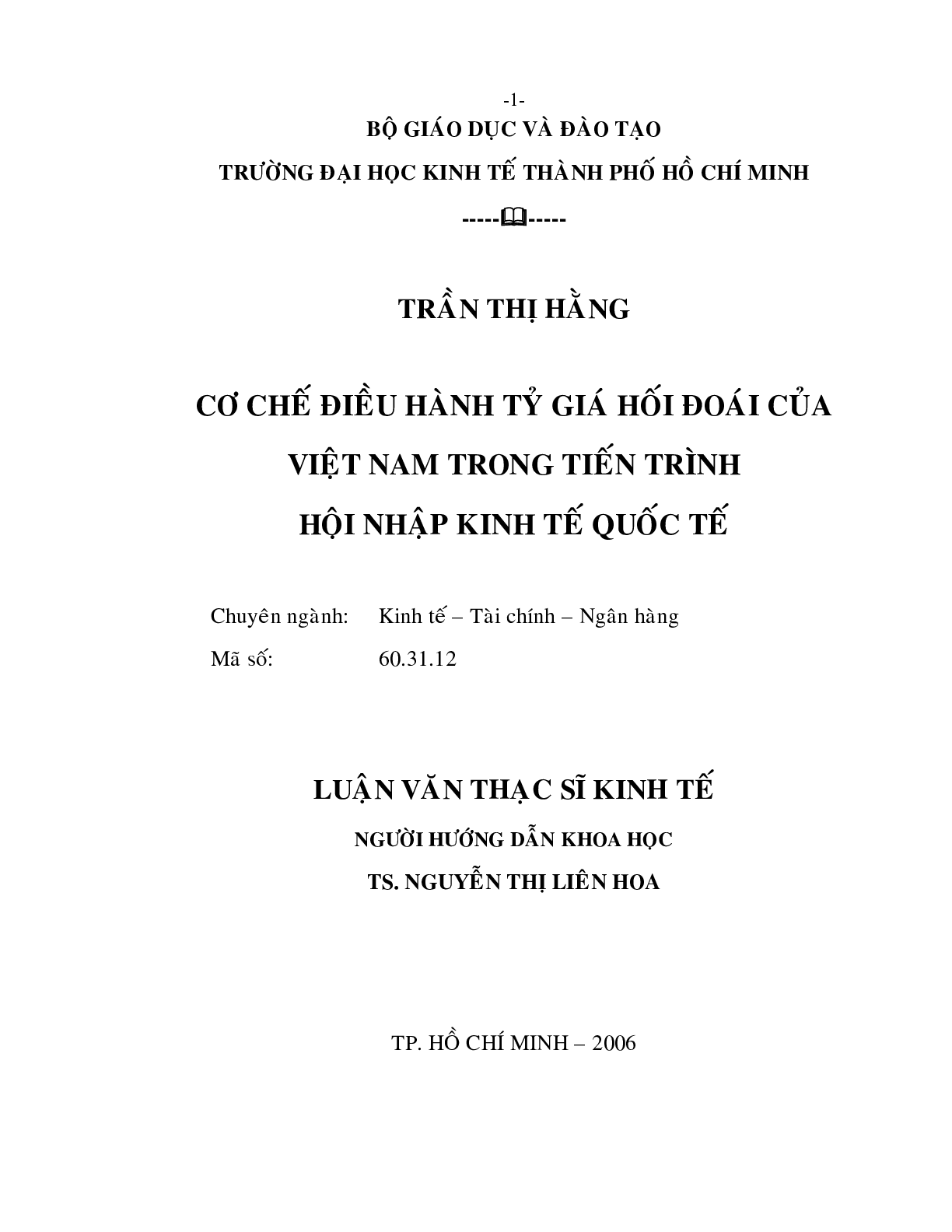 Cơ chế điều hành tỷ giá hối đoái của Việt Nam trong tiến trình hội nhập kinh tế quốc tế | Luận văn Thạc sĩ kinh tế | UEH (trang 1)