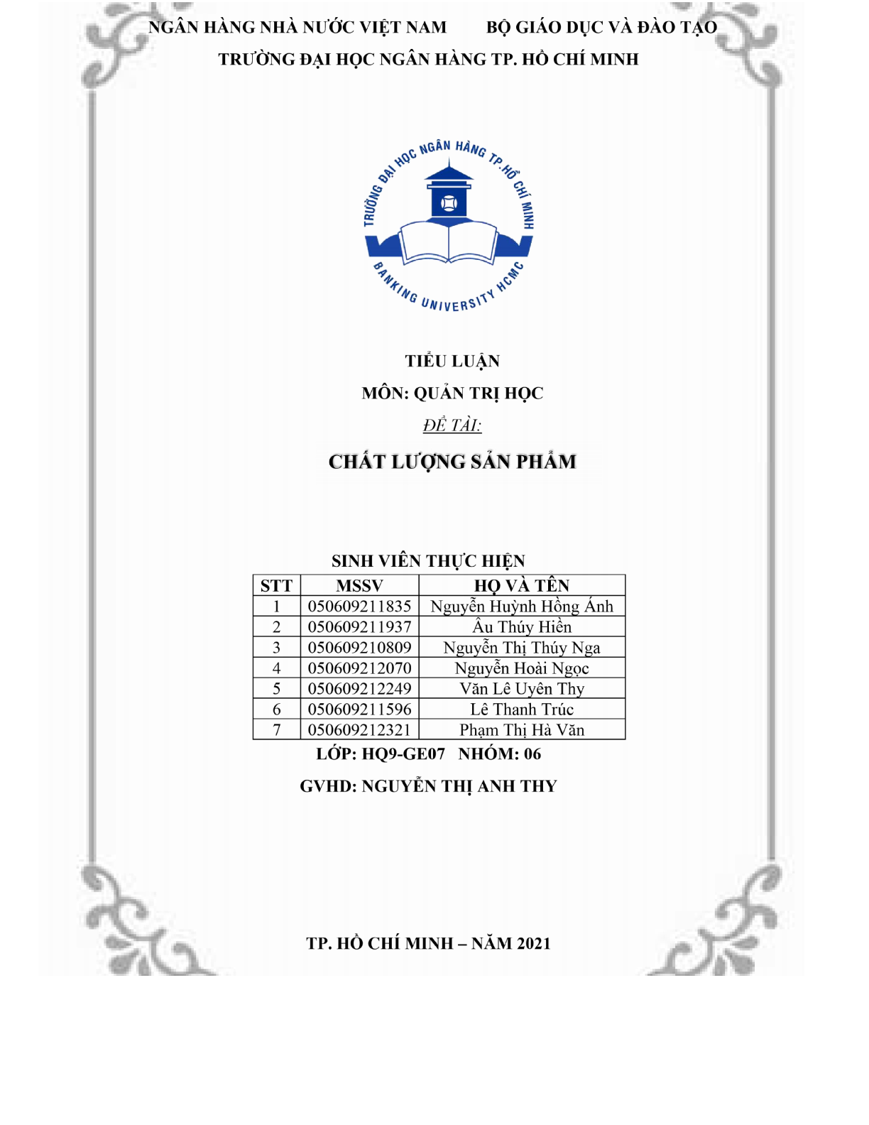 Tiểu luận về Chất lượng sản phẩm | Quản trị học | Trường Đại học Ngân hàng Thành phố Hồ Chí Minh (trang 1)