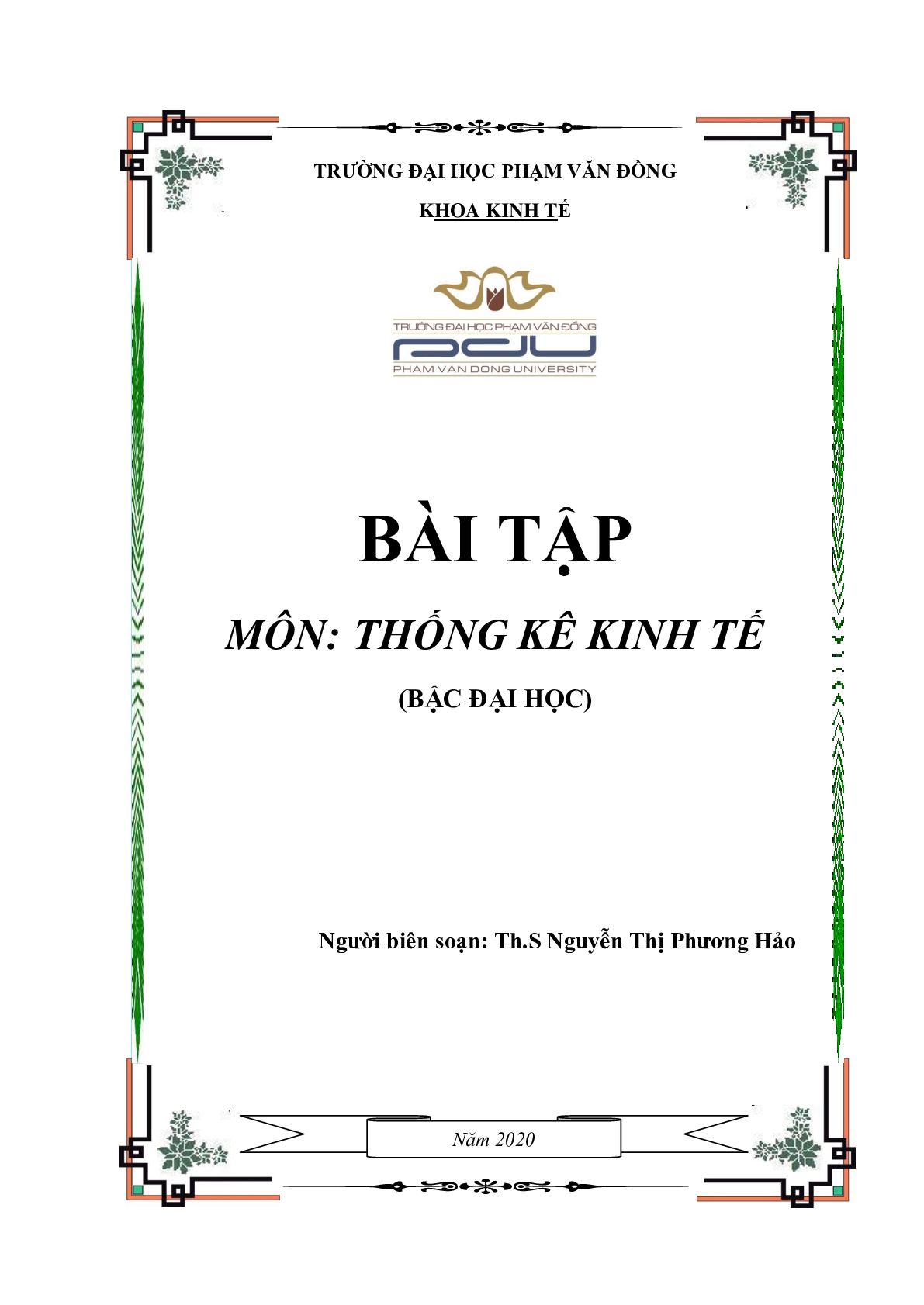 Ngân hàng bài tập Thống kê kinh tế (có đáp án) | Trường Đại học Phạm Văn Đồng (trang 1)