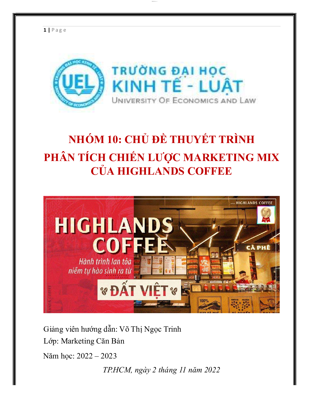 Phân tích chiến lược marketing mix của Highlands Coffee | Thuyết trình môn Marketing căn bản | UEL (trang 1)