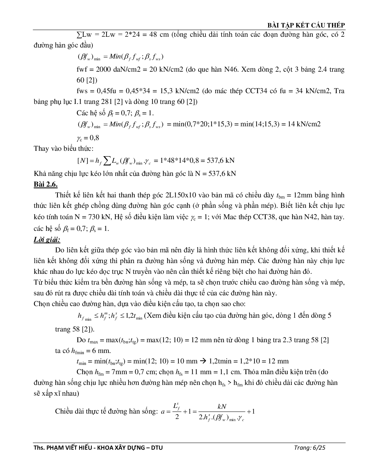 Ngân hàng bài tập môn Kết cấu thép (có đáp án) | Trường Đại học Duy Tân (trang 7)