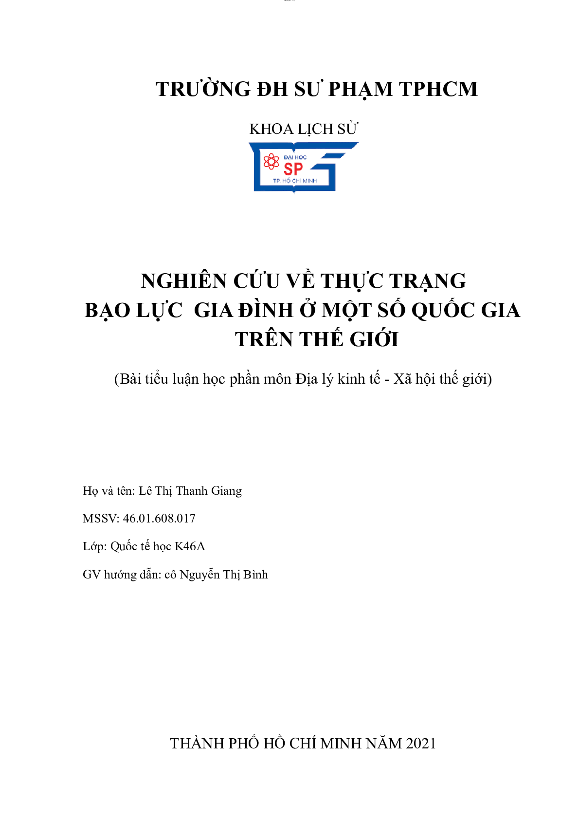 Thực trạng bạo lực gia đình ở một số quốc gia trên thế giới | Tiểu luận môn Địa lý kinh tế - Xã hội thế giới | HCMUE (trang 1)