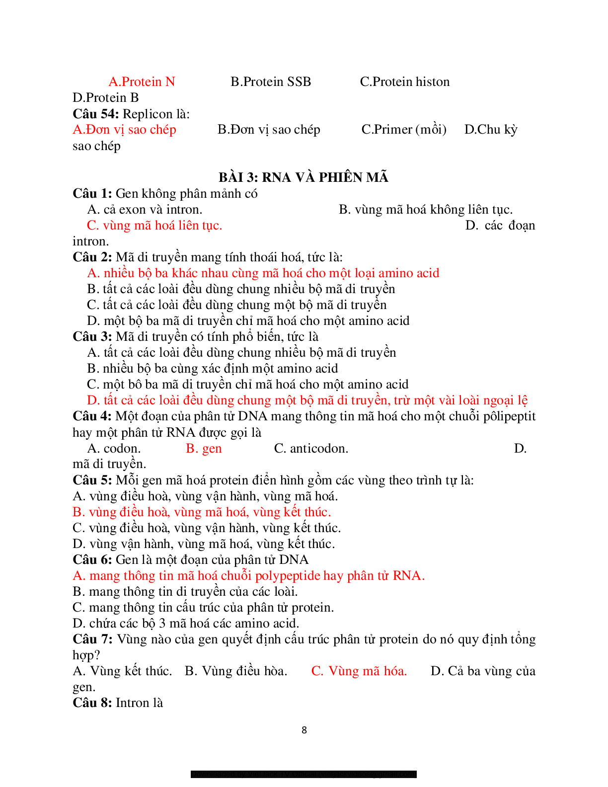 300 Câu hỏi trắc nghiệm môn Sinh học phân tử (có đáp án) | Trường Đại học Nguyễn Tất Thành (trang 8)