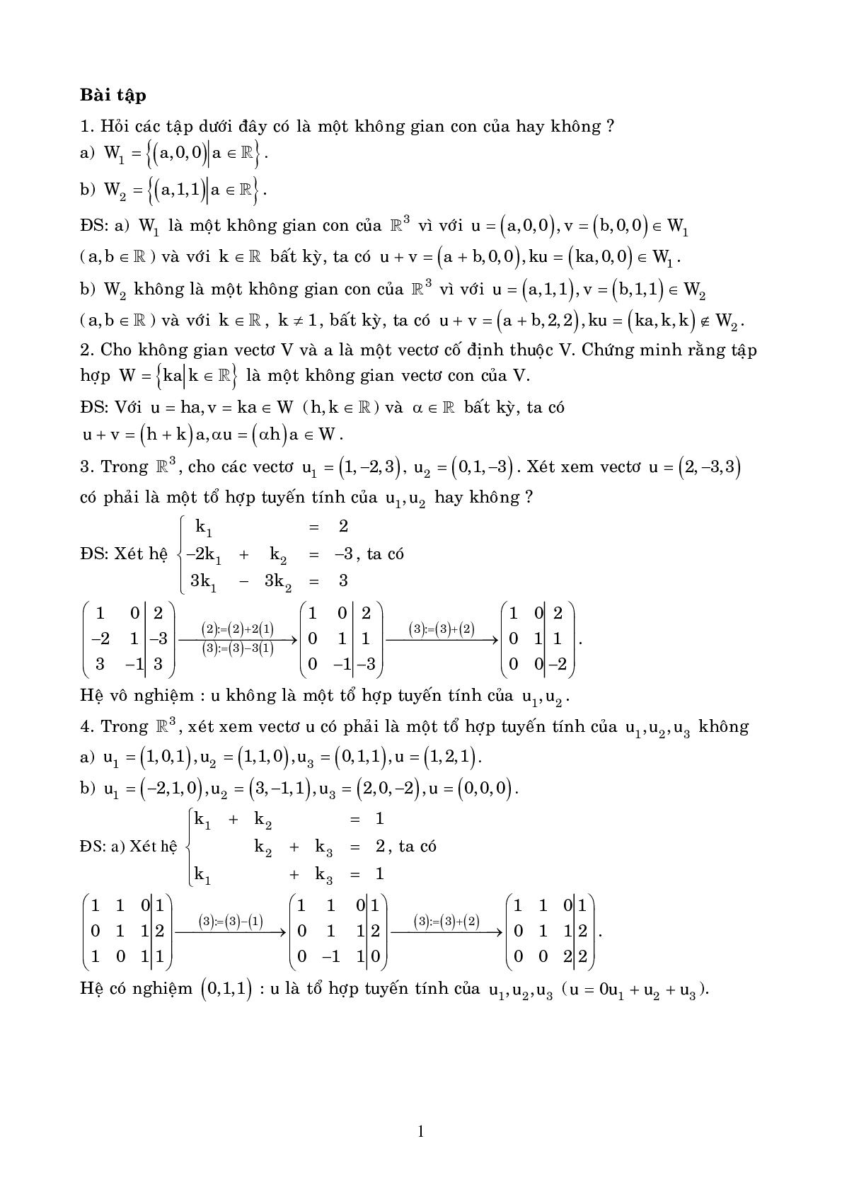 Ngân hàng bài tập KHÔNG GIAN VECTO (có lời giải) | Đề cương ôn tập môn Toán cao cấp (trang 1)