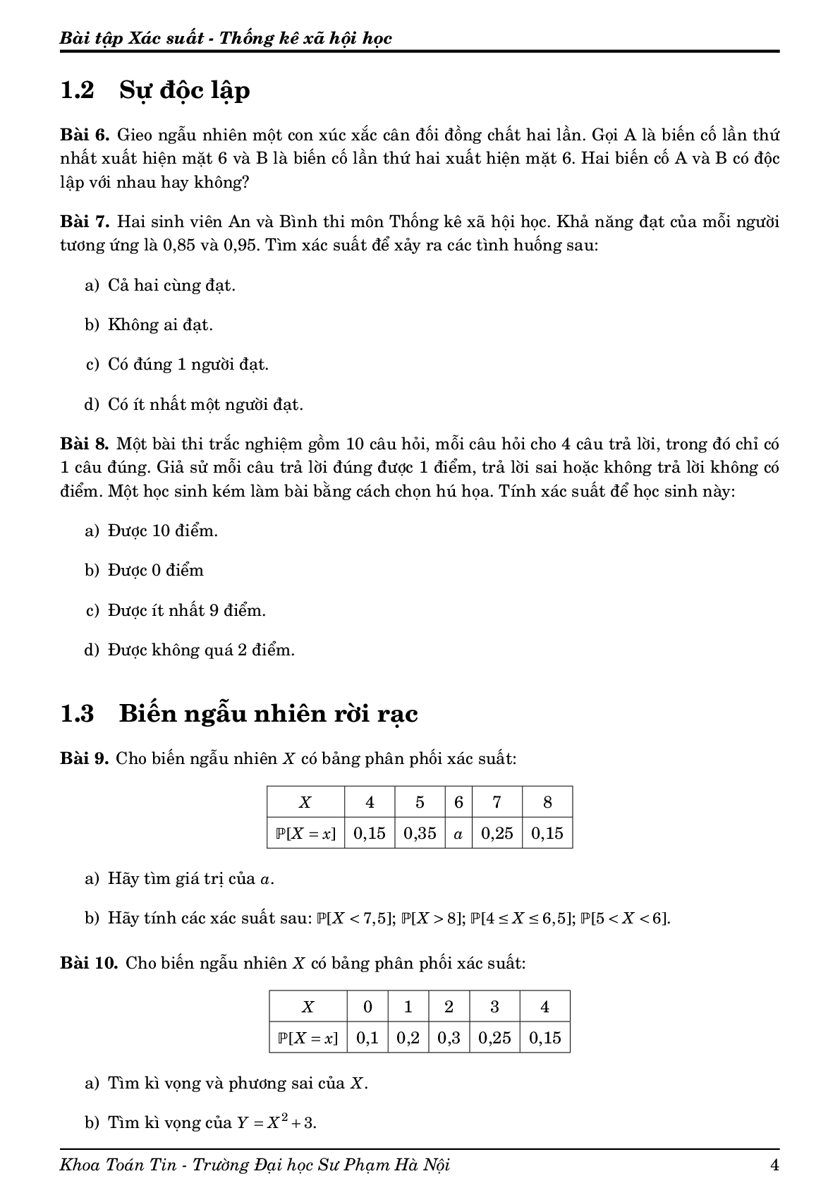 TOP 81 bài tập Xác xuất & Thống kê Xã hội học (Khoa Toán Tin) - ĐHSP Hà Nội (trang 4)