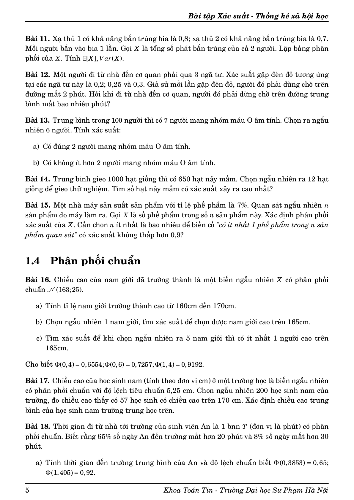 TOP 81 bài tập Xác xuất & Thống kê Xã hội học (Khoa Toán Tin) - ĐHSP Hà Nội (trang 5)